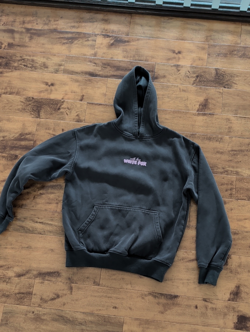 White Fox Boutique Charcoal Hoodie with Lilac Script Logo Xs/S